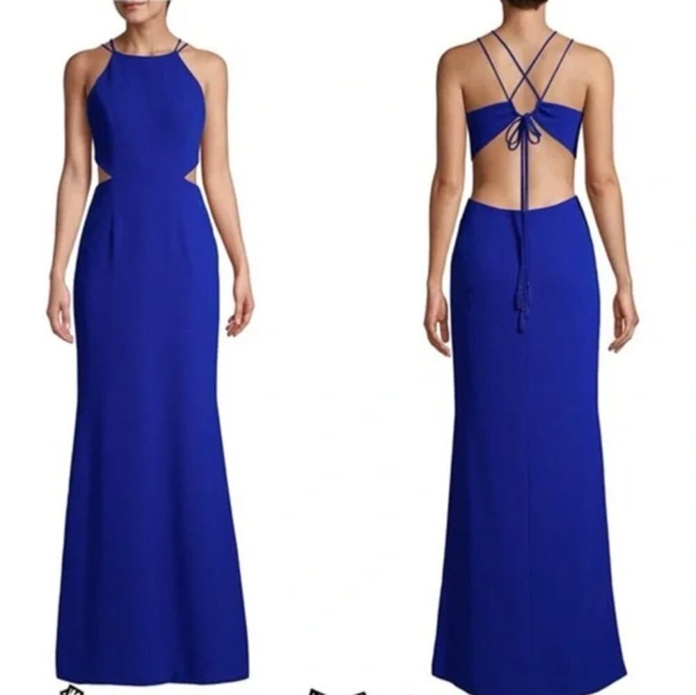 Aidan Mattox Crepe Cut Out Long Dress Halter Backless Maxi Formal Prom Gown Blue